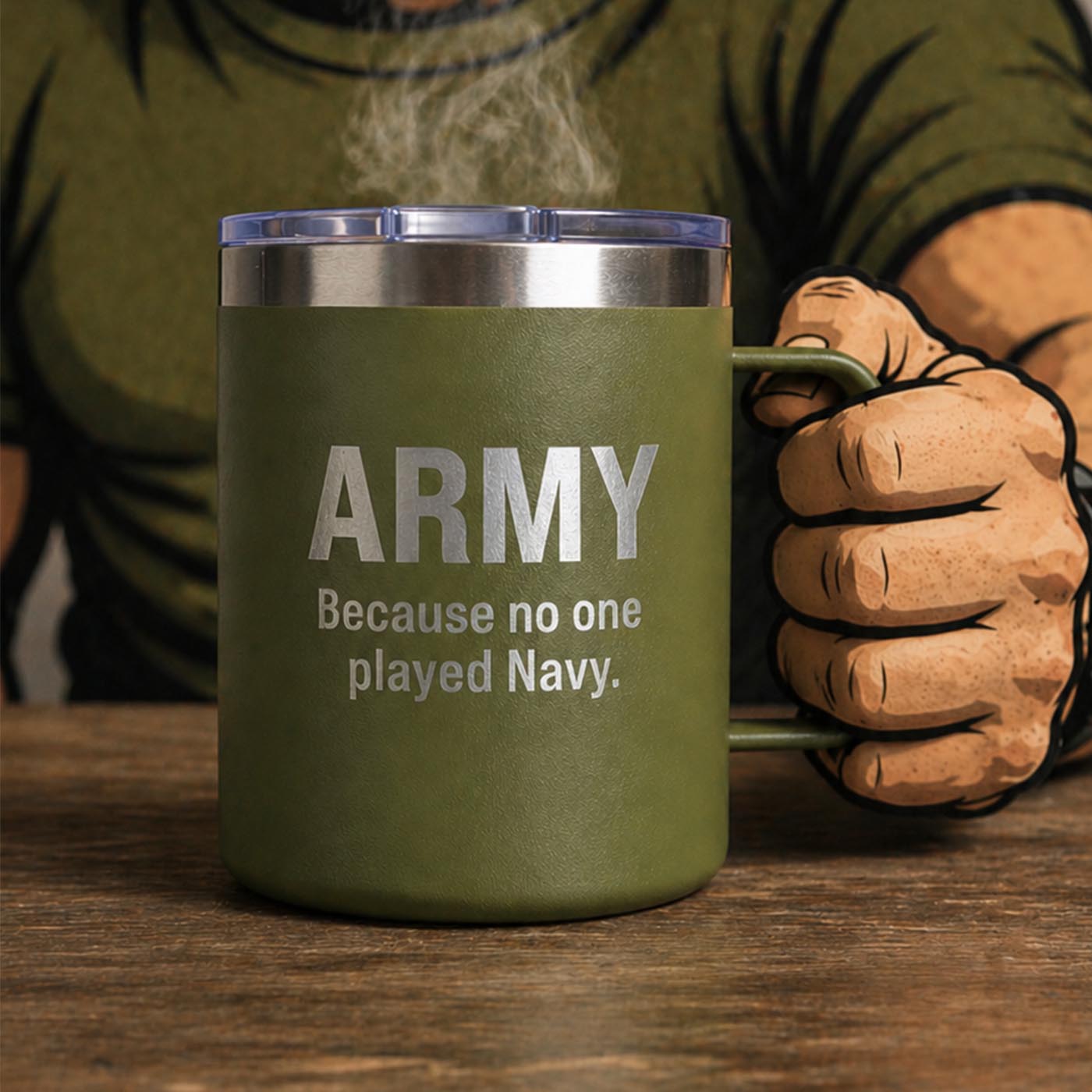Green mug with 'ARMY Because no one played Navy.' text held by a person wearing a green shirt and brown gloves.