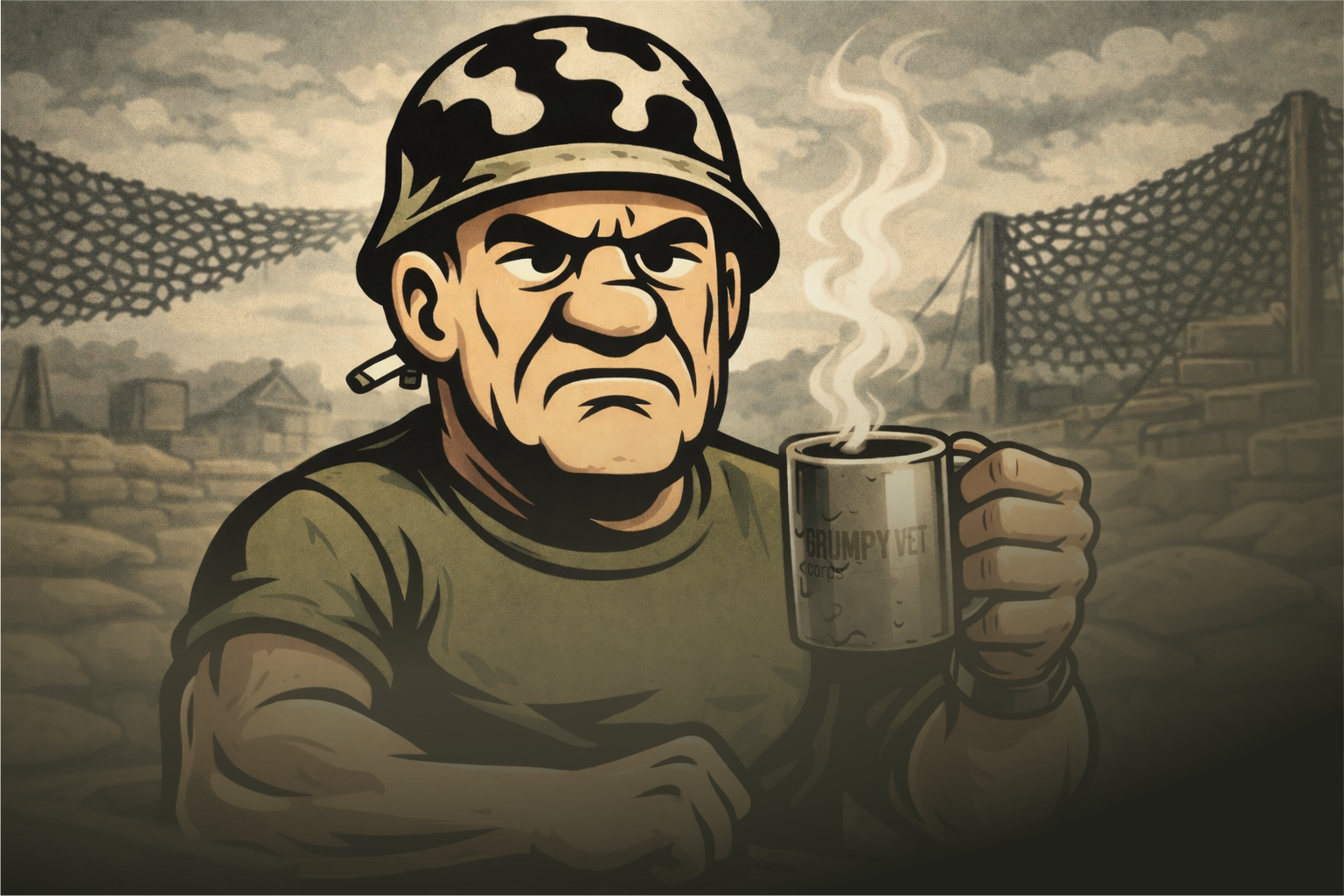 Sgt. Muggs from Grumpy Vet Corps holding a stainless steel coffee mug at a military-style camp, representing veteran culture and routine.