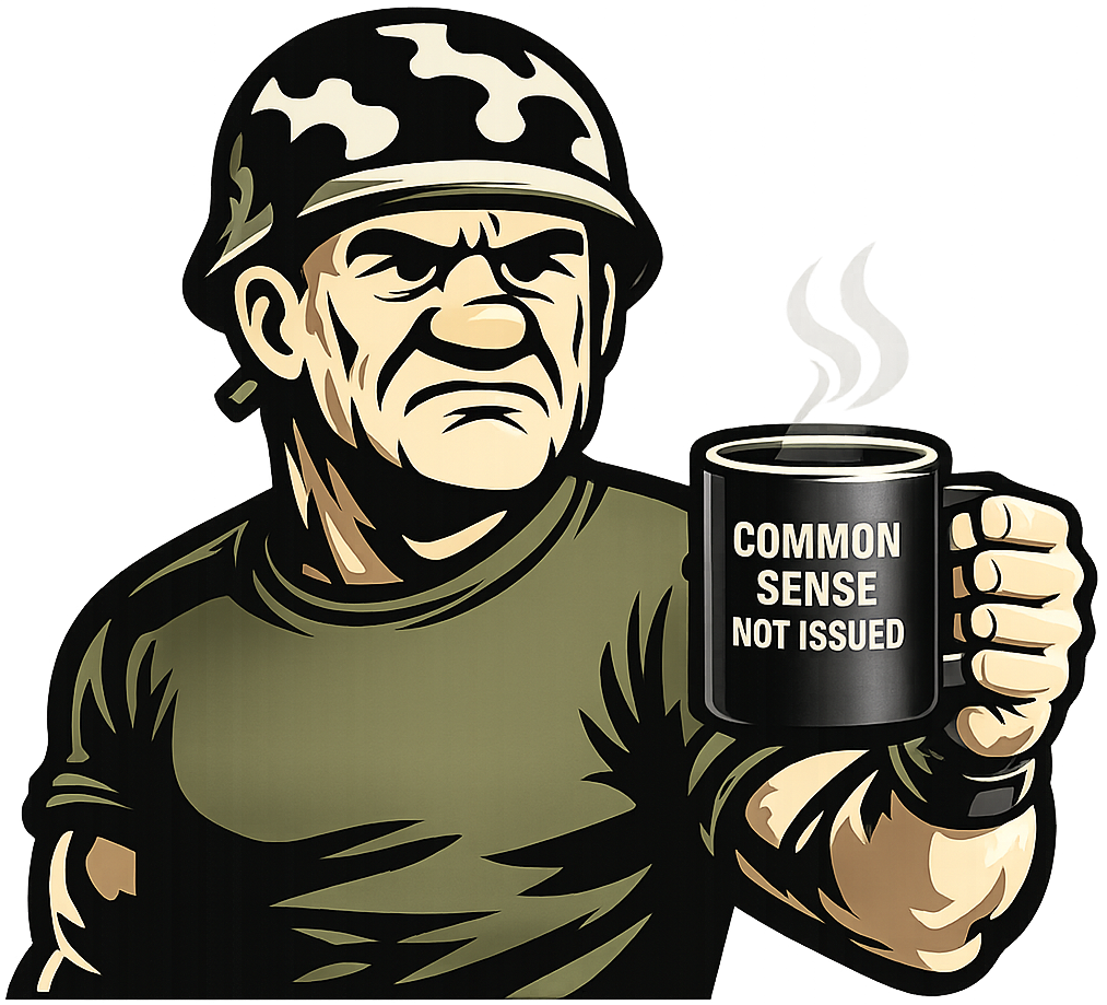 Illustration of a character holding a mug with 'Common Sense Not Issued' text, wearing a military helmet.